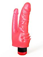Двойной розовый вибромассажёр с шипами у основания - 20,5 см.