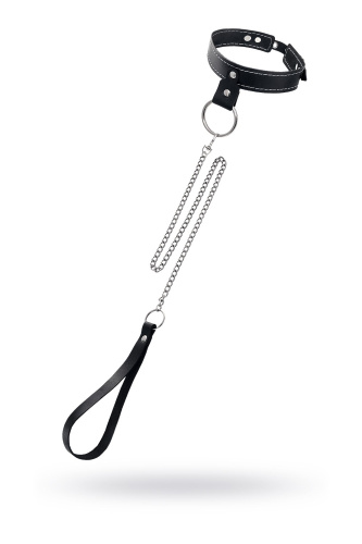 Черный узкий однослойный ошейник с серебристым поводком-цепочкой Черный узкий однослойный ошейник с серебристым поводком-цепочкой