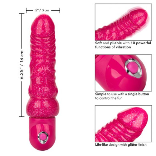 Розовый вибратор-реалистик с блестками Naughty Bits Lady Boner Bendable Personal Vibrator - 20 см. фото 4