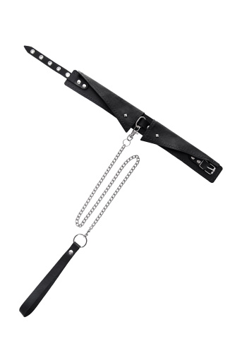 Черный кожаный ошейник-воротник с поводком фото 2 Черный кожаный ошейник-воротник с поводком фото 2