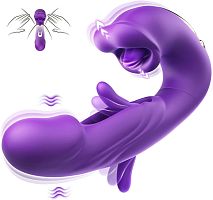 Фиолетовый вибратор с функциями фингеринга и лизания - 17,5 см.