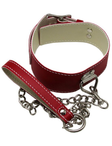 Красный ошейник с металлическим поводком и замочком фото 3