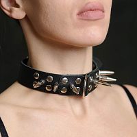Чёрный кожаный ошейник с шипами и велюровой подкладкой