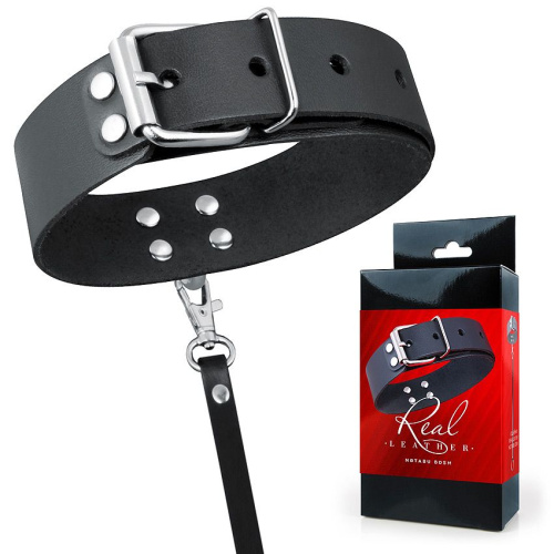 Черный кожаный ошейник с ремешком фото 2