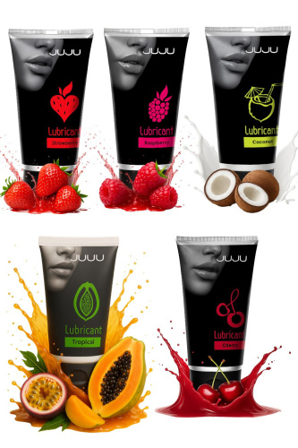 Набор из 5 съедобных лубрикантов JUJU (клубника, малина, тропические фрукты, вишня, кокос)