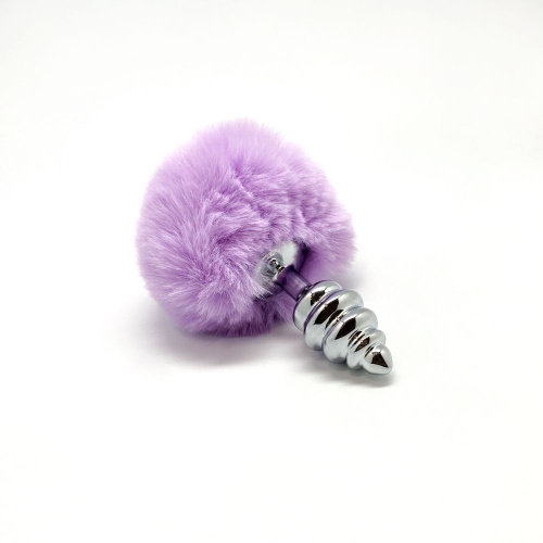Серебристая анальная пробка с сиреневым помпоном Metal Anal Fluffly Twist Plug S фото 3