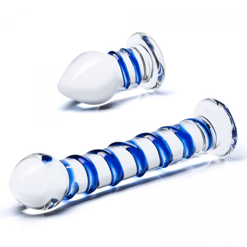 Набор из 2 стеклянных игрушек с синей спиралью Swirly Dildo & Buttplug Set фото 5