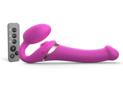 Ярко-розовый безремневой страпон Multi Orgasm Size M с клиторальной стимуляцией фото 2