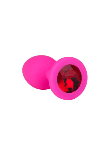 Розовая силиконовая анальная втулка с красным кристаллом - 7,3 см. фото 6