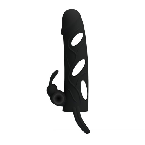 Чёрная насадка с клиторальным вибростимулятором и закрытой головкой - 14 см. Чёрная насадка с клиторальным вибростимулятором и закрытой головкой - 14 см.