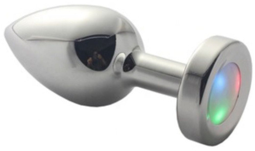 Серебристая гладкая анальная пробка со светодиодным кристаллом - 8,8 см. фото 2