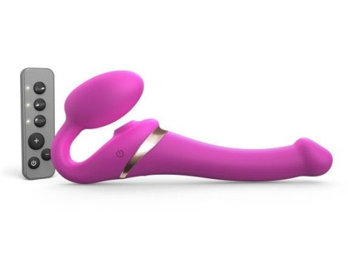 Ярко-розовый безремневой страпон Multi Orgasm Size S с клиторальной стимуляцией фото 2