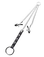 Серебристо-чёрные зажимы для сосков с кольцом для пениса TOYFA Metal