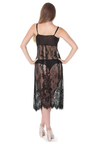 Длинная полупрозрачная кружевная сорочка на тоненьких бретельках фото 2