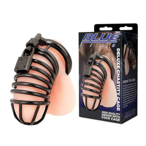 Черная металлическая клетка с замком Deluxe Chastity Cage фото 2
