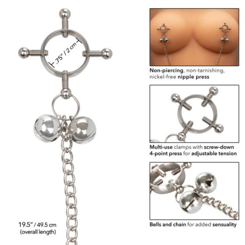 Металлические зажимы для сосков на цепочке Nipple Grips 4-Point Nipple Press with Bells фото 3