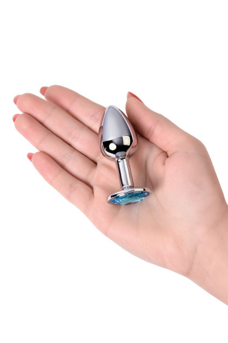 Серебристая конусовидная анальная пробка с голубым кристаллом - 7 см. фото 6