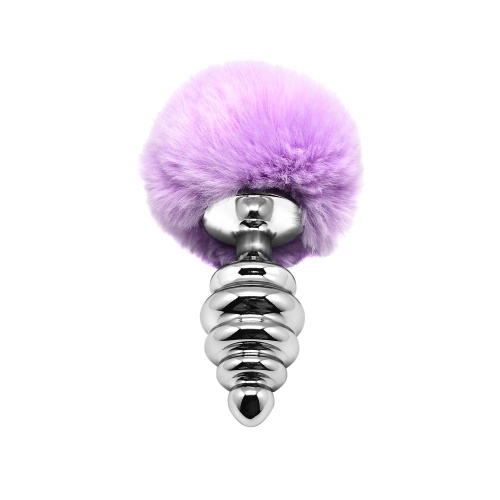 Серебристая анальная пробка с сиреневым мехом Metal Anal Fluffly Twist Plug L фото 3