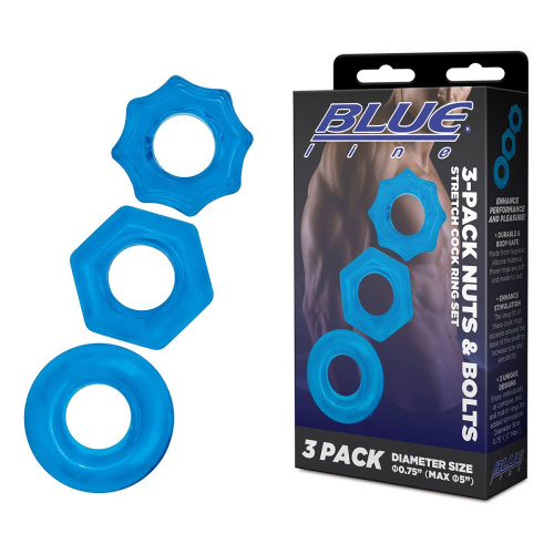 Комплект из трех голубых колец для эрекции 3-Pack Nuts & Bolts Stretch Cock Ring Set фото 3