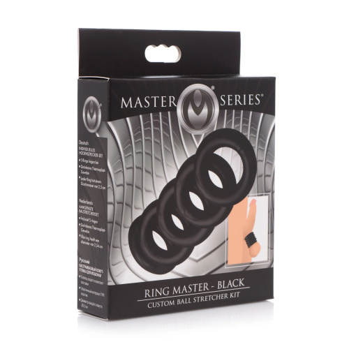 Комплект из 5 черных эрекционных колец для мошонки Ring Master Custom Ball Stretcher Kit фото 2