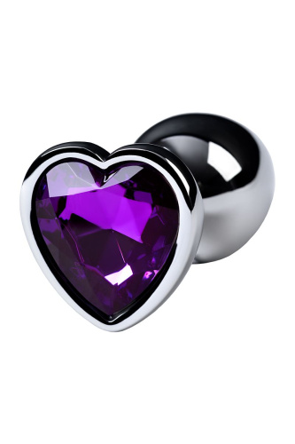 Серебристая коническая анальная пробка с фиолетовым кристаллом-сердечком - 7 см. фото 5