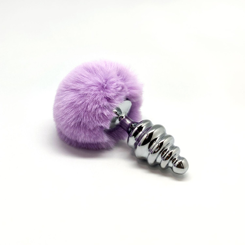 Серебристая анальная пробка с сиреневым мехом Metal Anal Fluffly Twist Plug L фото 4