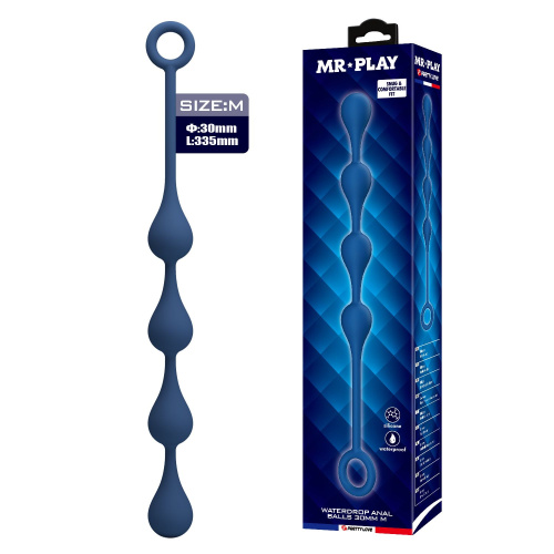 Синяя анальная ёлочка с кольцом Waterdrop Anal Balls 30 mm M - 33,5 см. фото 2