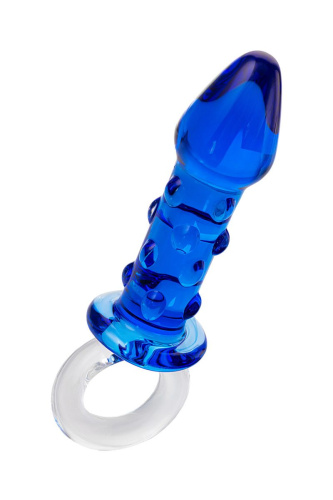 Синяя стеклянная анальная втулка с ручкой-кольцом - 16 см. фото 2