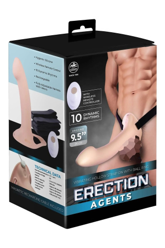Телесный полый страпон с вибрацией Erection Agents - 24,1 см. фото 2