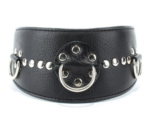 Чёрный кожаный ошейник с полукольцами и клёпками Чёрный кожаный ошейник с полукольцами и клёпками