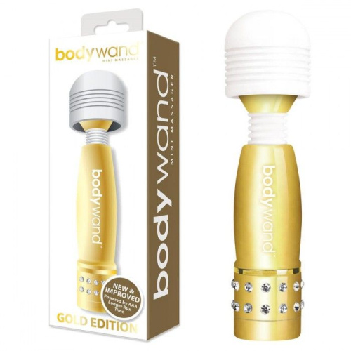 Золотистый жезловый мини-вибратор с кристаллами Mini Massager Gold Edition фото 2