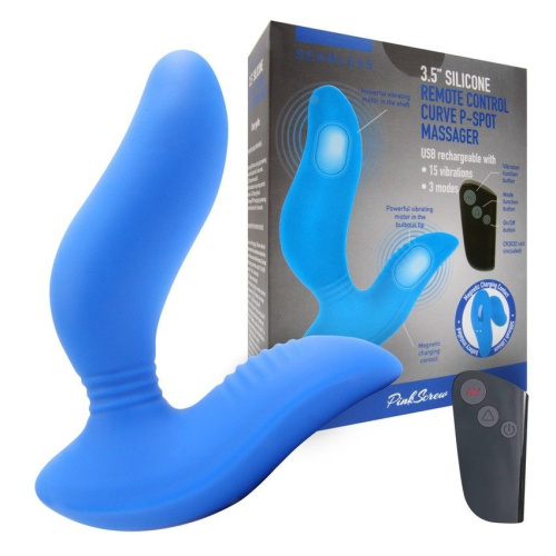 Синий вибромассажер простаты 3,5’’ Remote Control Curve P-spot Massager - 12 см. фото 2