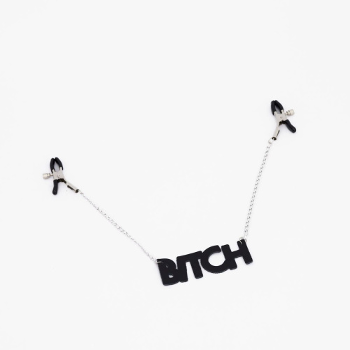 Зажимы на соски с кожаной подвеской Bitch фото 3