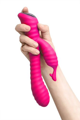 Розовый ребристый вибратор с клиторальным стимулятором S-HANDE Moonlight - 21,1 см. фото 6