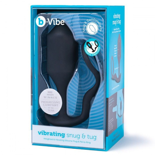 Черная анальная вибропробка с эрекционным кольцом Vibrating Snug & Tug XL фото 5