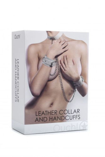 Белый комплект для бондажа Leather Collar and Handcuffs фото 2