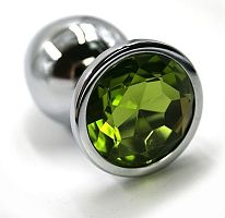 Серебристая алюминиевая анальная пробка с светло-зеленым кристаллом - 7 см.