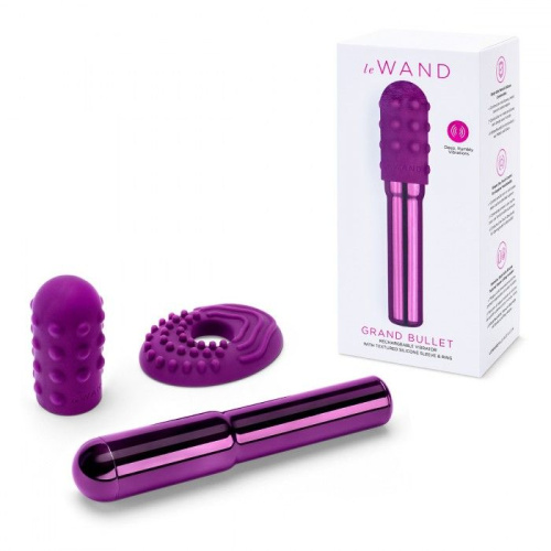 Фиолетовый жезловый вибратор Le Wand Grand Bullet с двумя нежными насадками фото 2