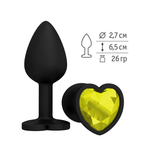 Черная силиконовая пробка с желтым кристаллом-сердцем - 8,5 см. фото 2