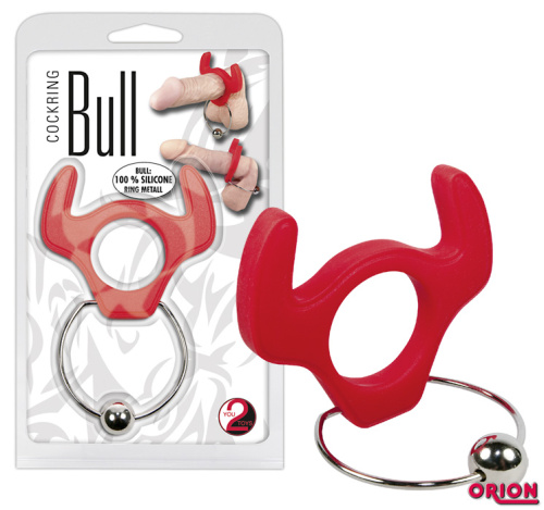 Красное кольцо для пениса BULL с металлической петлёй под мошонку Красное кольцо для пениса BULL с металлической петлёй под мошонку