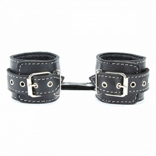 Чёрные кожаные наручники с крупной строчкой фото 2