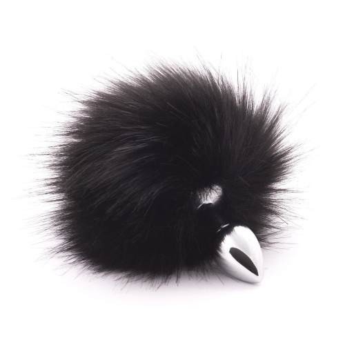Серебристая анальная пробка с черным хвостиком из искусственного меха