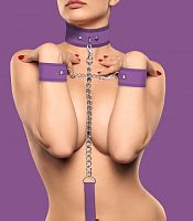 Фиолетовый ошейник с поводком и наручниками Velcro Collar With Seperate Cuffs