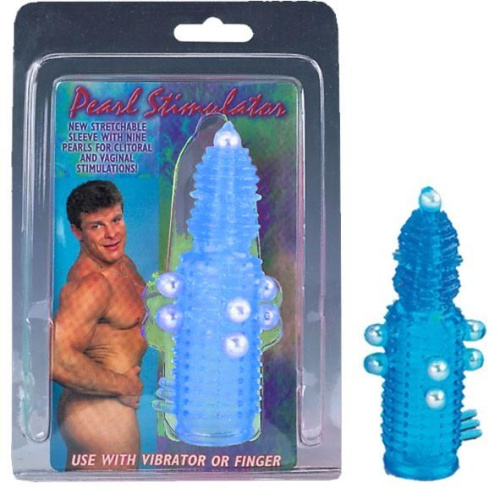 Голубая эластичная насадка на пенис с жемчужинами, точками и шипами Pearl Stimulator - 11,5 см. фото 2