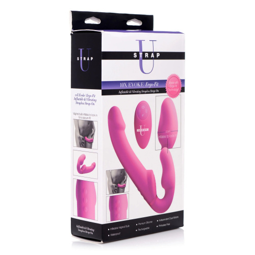 Розовый безремневой страпон с вибрацией и функцией расширения Inflatable Ergo-Fit Strapless Strap-On фото 3