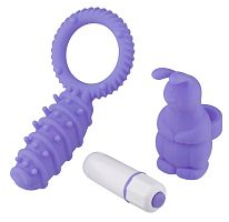 Фиолетовый набор NEON SECRET PLEASURE: эрекционное кольцо с лепестком и вибропуля с насадкой-зайчиком