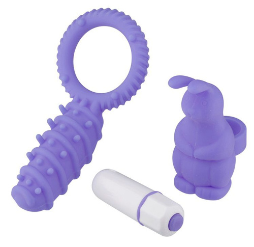 Фиолетовый набор NEON SECRET PLEASURE: эрекционное кольцо с лепестком и вибропуля с насадкой-зайчиком