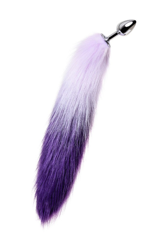 Серебристая металлическая анальная втулка с фиолетово-белым хвостом - размер S фото 2