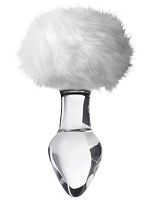 Стеклянная анальная втулка с белым хвостиком - 14 см.