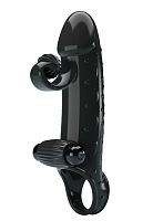 Черная вибронасадка на пенис с подхватом мошонки - 20 см.